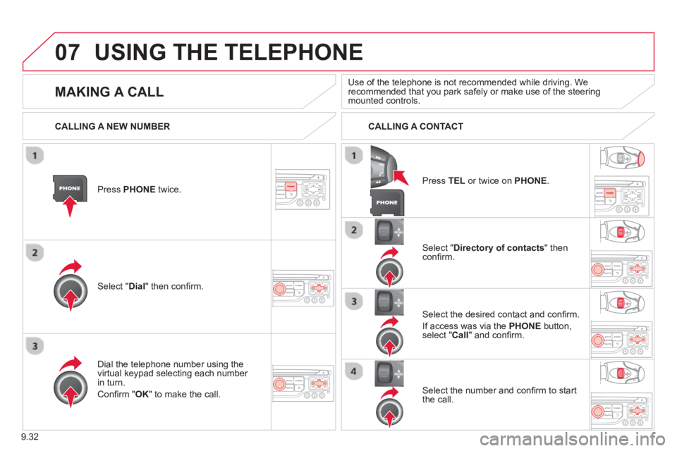 CITROEN BERLINGO ELECTRIC 2015  Handbook (in English) 9.32
07USING THE TELEPHONE
Press  PHONEtwice.  
Select " Dial" then conﬁ rm.
Select " Directory of contacts" thenconﬁ rm.  
Dial the telephone number usin
g the 
virtual keypad selecting each numb