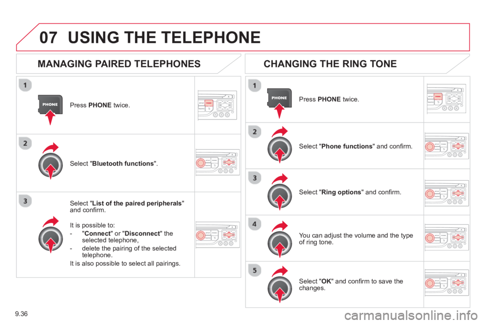 CITROEN BERLINGO ELECTRIC 2015  Handbook (in English) 9.36
07
Press  PHONEtwice.
Select " List of the paired peripherals"and conﬁ rm.  
It is 
possible to:
-" Connec
t" or " Disconnect 
" theselected telephone,
-   delete the pairin
g of the selected 
