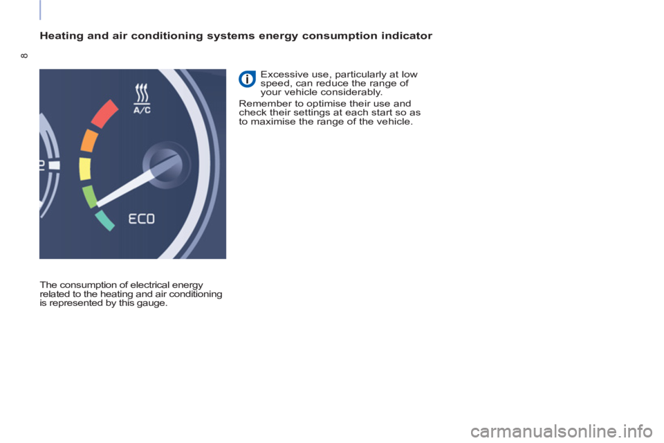 CITROEN BERLINGO ELECTRIC 2015  Handbook (in English) 8
   
Heating and air conditioning systems energy consumption indicator 
 
The consumption of electrical energy 
related to the heating and air conditioning 
is represented by this gauge.   Excessive 