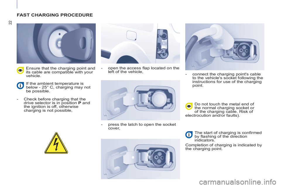 CITROEN BERLINGO ELECTRIC 2015  Handbook (in English) 22
  FAST CHARGING PROCEDURE
 
 
 
-   Check before charging that the 
drive selector is in position  P 
 and 
the ignition is off, otherwise 
charging is not possible,    
Ensure that the charging po
