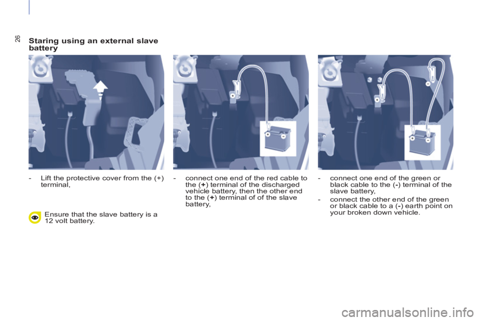 CITROEN BERLINGO ELECTRIC 2015  Handbook (in English) 26   
Staring using an external slave 
battery 
  Ensure that the slave battery is a 
12 volt battery.     
 
-   Lift the protective cover from the (+) 
terminal,    
-   connect one end of the red c
