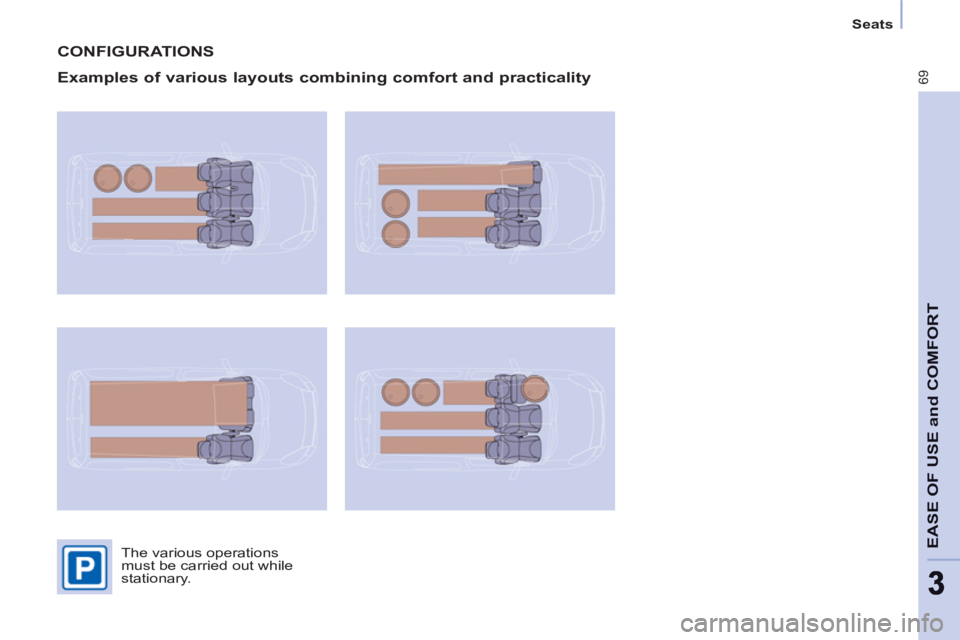 CITROEN BERLINGO ELECTRIC 2015  Handbook (in English) 69
EASE OF USE and COMFOR
T
33
   
 
Seats  
 
 
CONFIGURATIONS 
   
Examples of various layouts combining comfort and practicality 
 
The various operations 
must be carried out while 
stationary.   
