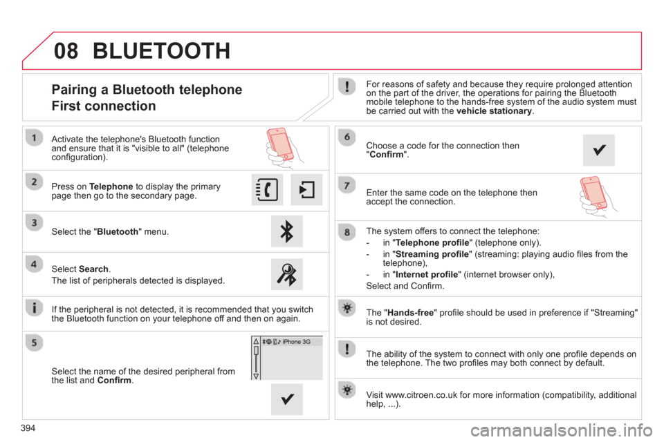 Citroen C4 PICASSO 2013 1.G Owners Manual 394
08
  The "Hands-free 
" proﬁ le should be used in preference if "Streaming"
is not desired.  
  The abilit
y of the system to connect with only one proﬁ le depends on
the telephone. The two pr