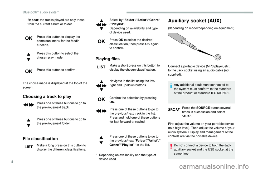 CITROEN BERLINGO VAN 2019 Handbook (in English) 8
- Repeat: the tracks played are only those
from the current album or folder.
Press this button to display the
contextual menu for the Media
function.
Press this button to select the
chosen play CITROEN BERLINGO VAN 2019 Handbook (in English) 8
- Repeat: the tracks played are only those
from the current album or folder.
Press this button to display the
contextual menu for the Media
function.
Press this button to select the
chosen play