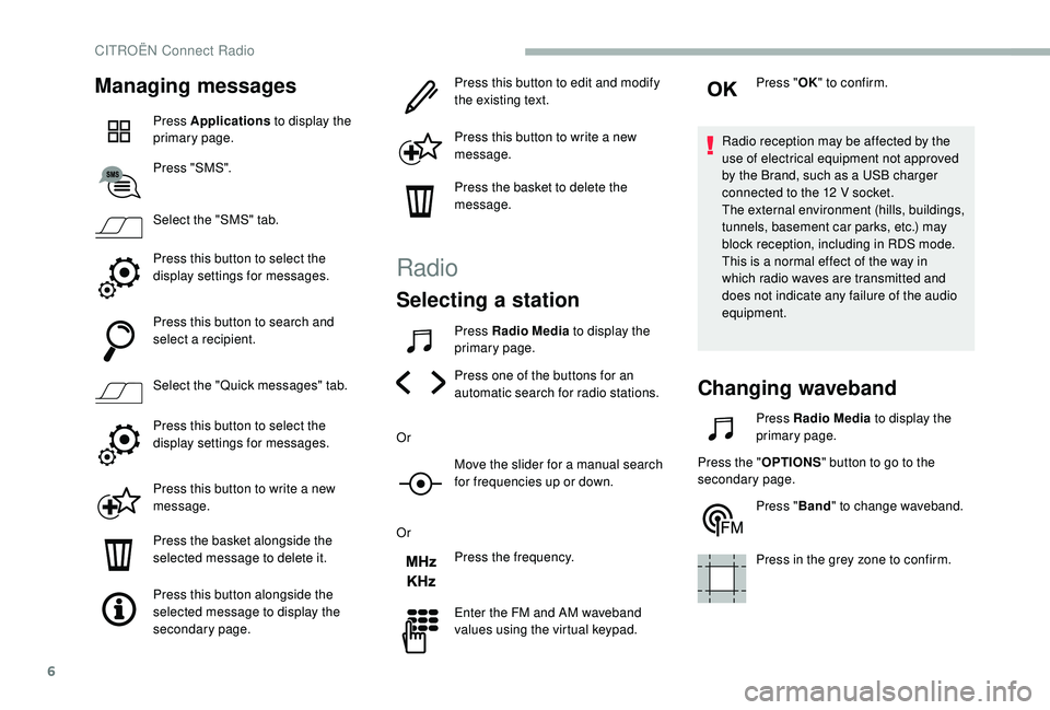 CITROEN BERLINGO VAN 2019  Handbook (in English) 6
Managing messages
Press Applications to display the 
primary page.
Press "SMS".
Select the "SMS" tab.
Press this button to select the 
display settings for messages.
Press this butto