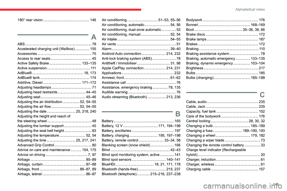 CITROEN C5 AIRCROSS DAG 2022  Handbook (in English) 245
Alphabetical index
180° rear vision     146
A
ABS    78
Accelerated charging unit (Wallbox)     
155
Accessories
    
75
Access to rear seats
    
45
Active Safety Brake
    
133–135
Active sus