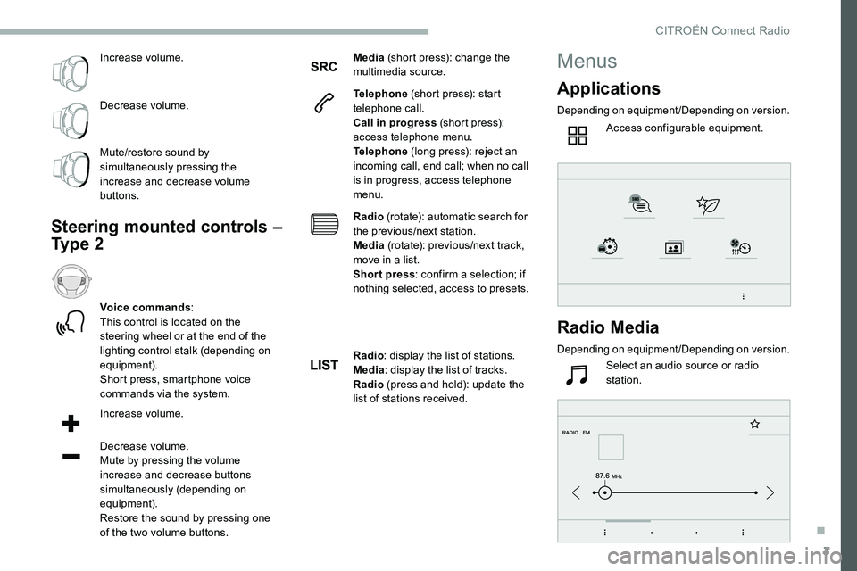 CITROEN C5 AIRCROSS DAG 2020 Handbook (in English) 3
Increase volume.
Decrease volume.
Mute/restore sound by
simultaneously pressing the
increase and decrease volume
buttons.
Steering mounted controls –
Ty p e 2
Voice commands:
This control is CITROEN C5 AIRCROSS DAG 2020 Handbook (in English) 3
Increase volume.
Decrease volume.
Mute/restore sound by
simultaneously pressing the
increase and decrease volume
buttons.
Steering mounted controls –
Ty p e 2
Voice commands:
This control is