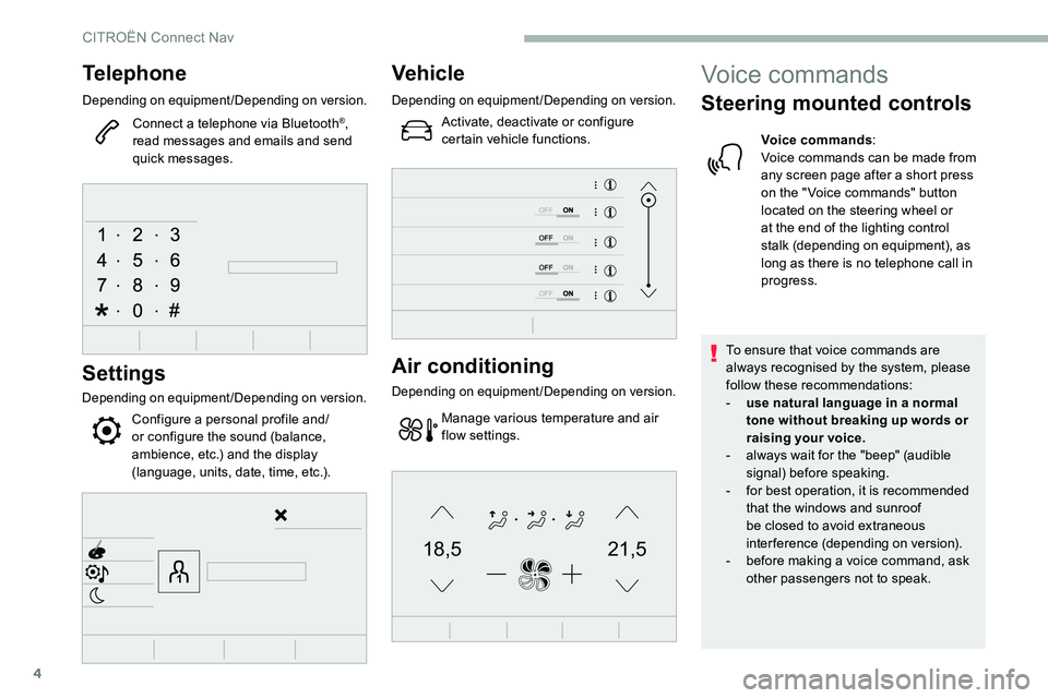 CITROEN C5 AIRCROSS DAG 2020 Handbook (in English) 4
21,518,5
Telephone
Depending on equipment/Depending on version.
Connect a telephone via Bluetooth®,
read messages and emails and send
quick messages.
Settings
Depending on equipment/Depending on CITROEN C5 AIRCROSS DAG 2020 Handbook (in English) 4
21,518,5
Telephone
Depending on equipment/Depending on version.
Connect a telephone via Bluetooth®,
read messages and emails and send
quick messages.
Settings
Depending on equipment/Depending on