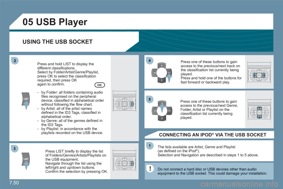 CITROEN C6 2012  Handbook (in English) 7.50
33
05
44
11
55
22
  USB Player 
USING THE USB SOCKET 
Press LIST brieﬂ y to display the listof Folders/Genres/Artists/Playlists on the USB equipment.Navigate through the list using theleft/righ