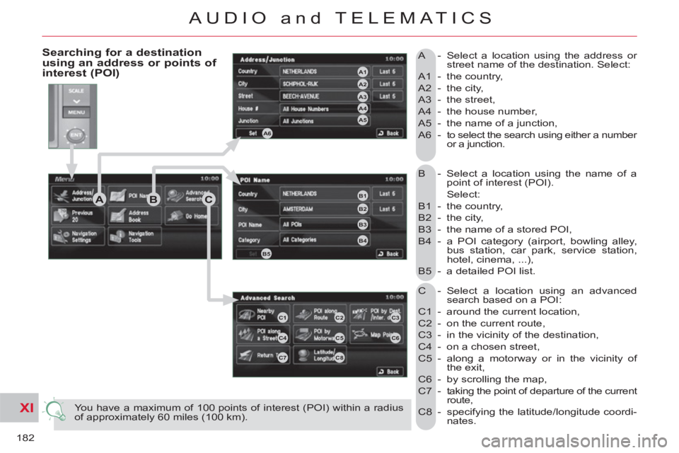 CITROEN C-CROSSER 2012 Handbook (in English) XI
182
AUDIO and TELEMATICS
B - Select a location using the name of a
point of interest (POI).
Select:
B1 - the country,
B2 - the city,
B3 - the name of a stored POI,
B4 - a PO CITROEN C-CROSSER 2012 Handbook (in English) XI
182
AUDIO and TELEMATICS
B - Select a location using the name of a
point of interest (POI).
Select:
B1 - the country,
B2 - the city,
B3 - the name of a stored POI,
B4 - a PO