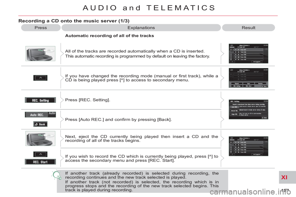 CITROEN C-CROSSER 2012  Handbook (in English) XI
AUDIO and TELEMATICS
Recording a CD onto the music server (1/3) 
  Press  Explanations  Result 
  All of the tracks are recorded automatically when a CD is inserted. 
  This automatic recording is 
