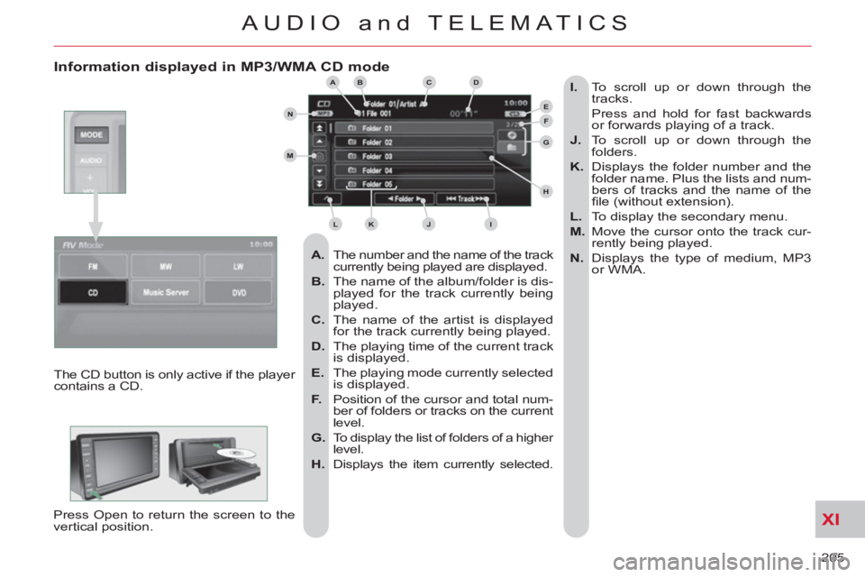 CITROEN C-CROSSER 2012 Handbook (in English) XI
205
AUDIO and TELEMATICS
Information displayed in MP3/WMA CD mode
A.
The number and the name of the track
currently being played are displayed.
B.
The name of the album/folde CITROEN C-CROSSER 2012 Handbook (in English) XI
205
AUDIO and TELEMATICS
Information displayed in MP3/WMA CD mode
A.
The number and the name of the track
currently being played are displayed.
B.
The name of the album/folde