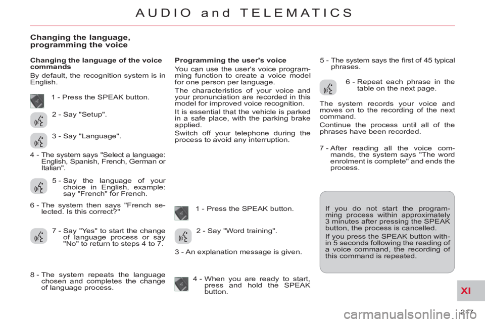 CITROEN C-CROSSER 2012  Handbook (in English) XI
217 
AUDIO and TELEMATICS
Changing the language,programming the voice
   
Changing the language of the voice 
commands 
  By default, the recognition system is in 
English.    
Programming the user