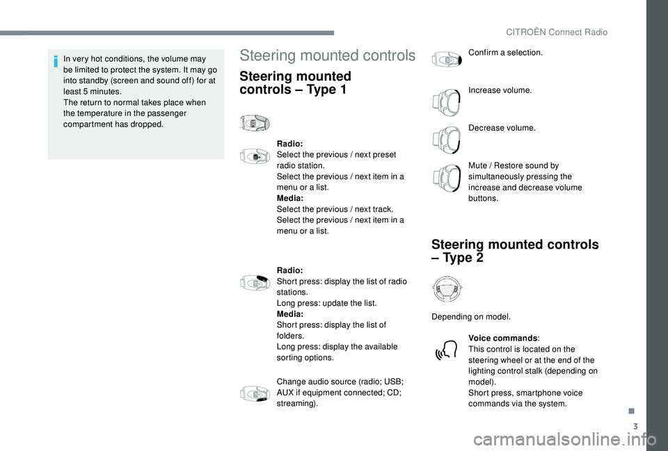 CITROEN C-ELYSÉE 2018  Handbook (in English) 3
In very hot conditions, the volume may 
be limited to protect the system. It may go 
into standby (screen and sound off) for at 
least 5
 
minutes.
The return to normal takes place when 
the tempera