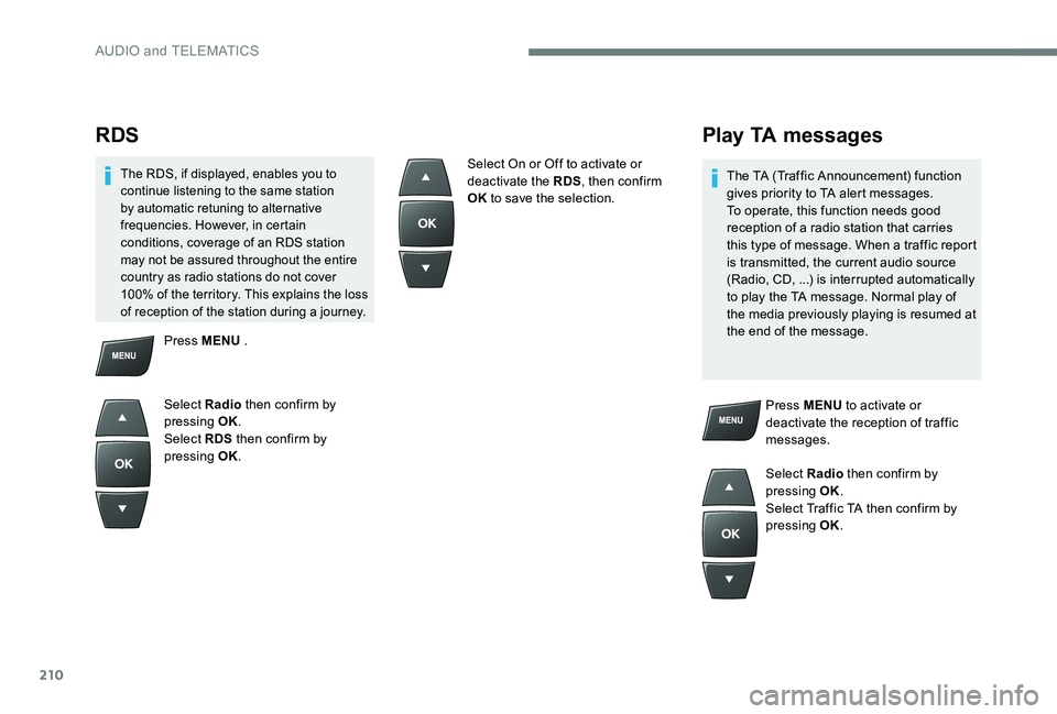 CITROEN C-ELYSÉE 2017 Handbook (in English) 210
RDS
The RDS, if displayed, enables you to
continue listening to the same station
by automatic retuning to alternative
frequencies. However, in certain
conditions, coverage of an RDS station
m CITROEN C-ELYSÉE 2017 Handbook (in English) 210
RDS
The RDS, if displayed, enables you to
continue listening to the same station
by automatic retuning to alternative
frequencies. However, in certain
conditions, coverage of an RDS station
m