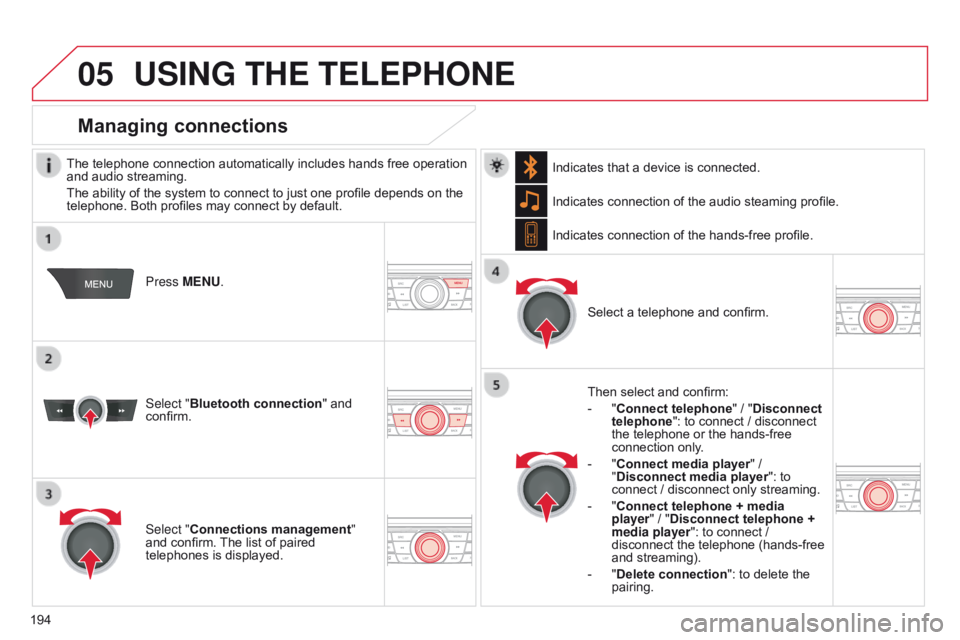 CITROEN C-ELYSÉE 2016 Handbook (in English)
05
194
USING THE TELEPHONE
The telephone connection automatically includes hands free operation
and audio streaming.
The ability of the system to connect to just one profile depends on the
telep CITROEN C-ELYSÉE 2016 Handbook (in English)
05
194
USING THE TELEPHONE
The telephone connection automatically includes hands free operation
and audio streaming.
The ability of the system to connect to just one profile depends on the
telep