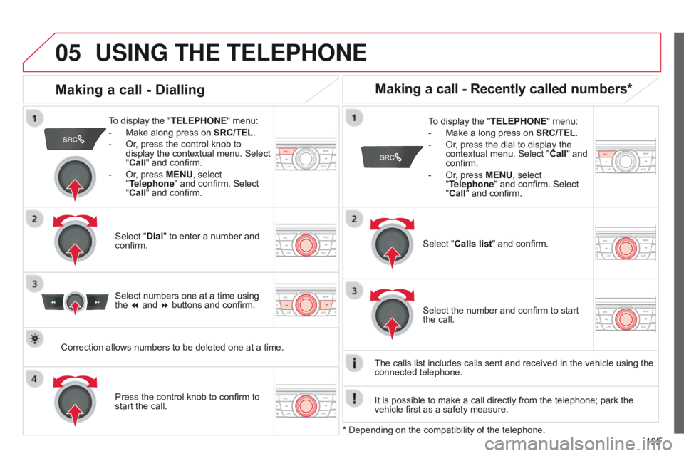 CITROEN C-ELYSÉE 2016 Handbook (in English)
05
195
USING THE TELEPHONE
To display the "TELEPHONE" menu:
-
Make along press on SRC/TEL
.
-
Or
, press the control knob to
display the contextual menu. Select
"Call" an CITROEN C-ELYSÉE 2016 Handbook (in English)
05
195
USING THE TELEPHONE
To display the "TELEPHONE" menu:
-
Make along press on SRC/TEL
.
-
Or
, press the control knob to
display the contextual menu. Select
"Call" an