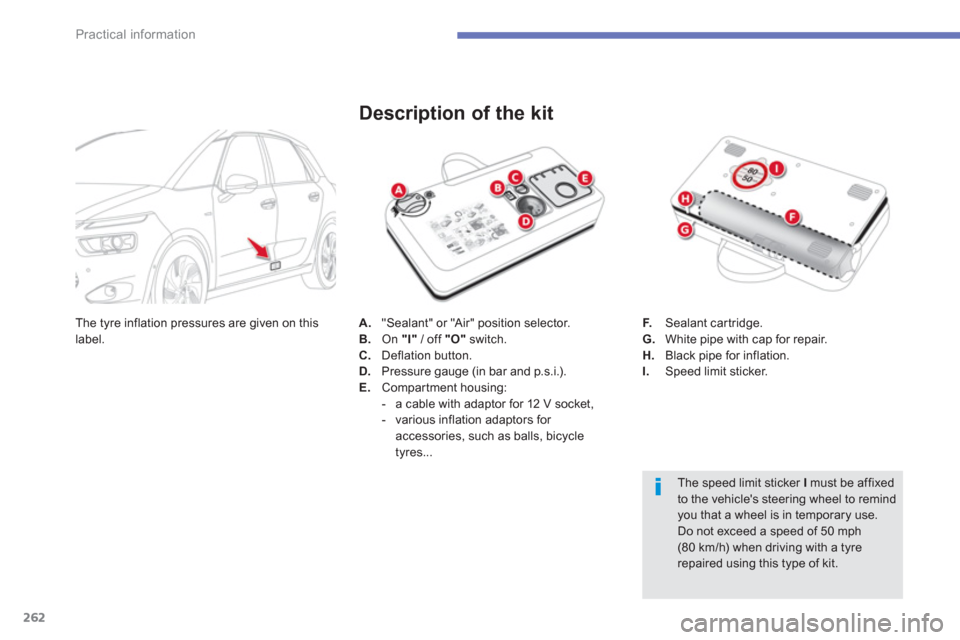 Citroen C4 PICASSO RHD 2013 1.G Owners Manual 262
Practical information
A.    "Sealant" or "Air" position selector. B. 
 On "I" 
 / off  "O" 
 switch.C. 
 Deflation button. D.Pressure gauge (in bar and p.s.i.). E.Compartment housing: 
   
 
-   a