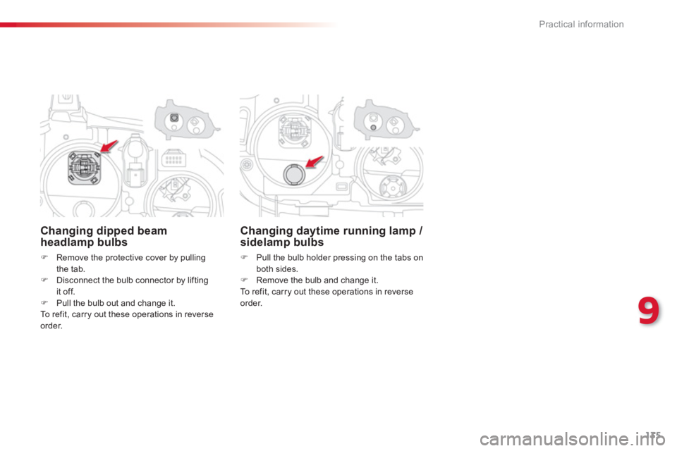 CITROEN C-ELYSÉE 2014  Handbook (in English) 135
9
Practical information
Changing dipped beamheadlamp bulbs 
�)Remove the protective cover by pullingthe tab. �)Disconnect the bulb connector by lifting 
it off.�)Pull the bulb out and change it.
 