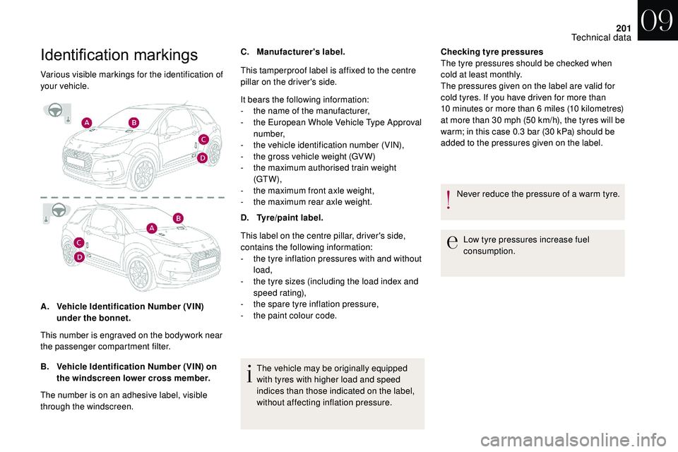 CITROEN DS3 2018  Handbook (in English) 201
Identification	markings
Various visible markings for the identification of 
your vehicle.
A.Vehicle Identification Number (VIN) 
under the bonnet.
B. Vehicle Identification Number (VIN) on 
the wi