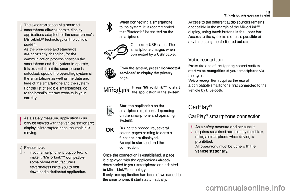 CITROEN DS3 2018  Handbook (in English) 13
The synchronisation of a personal 
sm artphone allows users to display 
applications adapted for the smartphone's 
MirrorLink
TM technology on the vehicle 
screen.
As the principles and standar