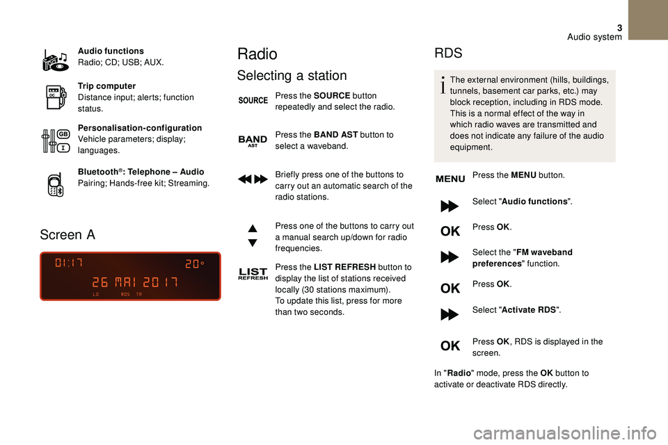 CITROEN DS3 2018  Handbook (in English) 3
Audio functions
Radio; CD; USB; AUX.
Trip computer
Distance input; alerts; function 
status.
Personalisation-configuration
Vehicle parameters; display; 
languages.
Bluetooth
®: Telephone – Audio
