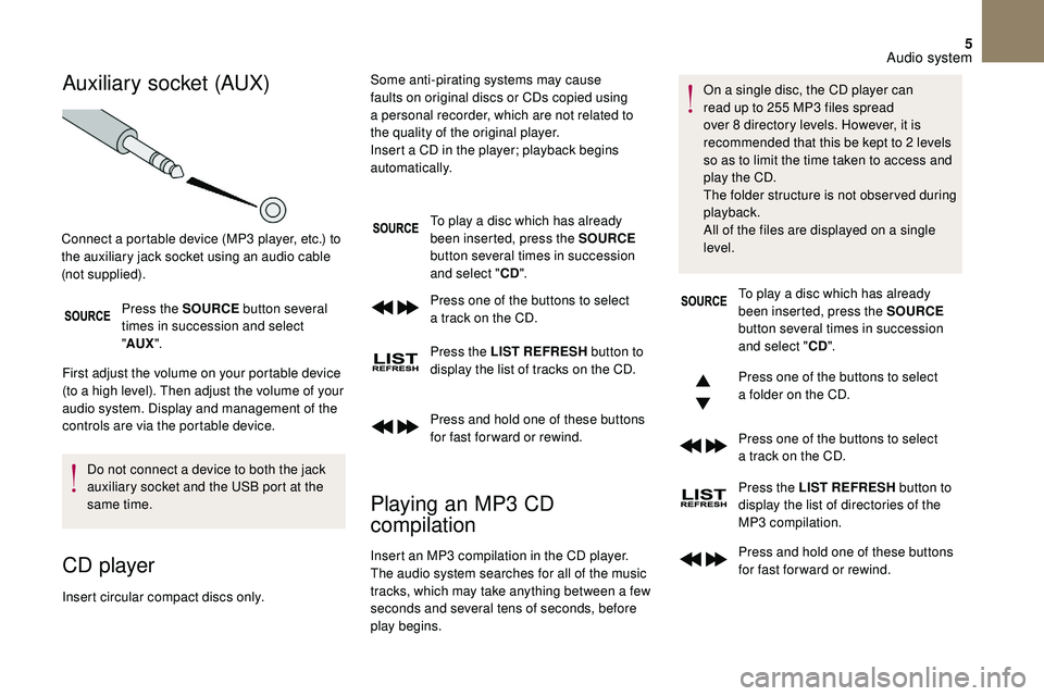 CITROEN DS3 2018 Handbook (in English) 5
Auxiliary socket (AUX)
Press the SOURCE button several
times in succession and select
" AUX ".
First adjust the volume on your portable device
(to a
high level). Then adjust the volume CITROEN DS3 2018 Handbook (in English) 5
Auxiliary socket (AUX)
Press the SOURCE button several
times in succession and select
" AUX ".
First adjust the volume on your portable device
(to a
high level). Then adjust the volume