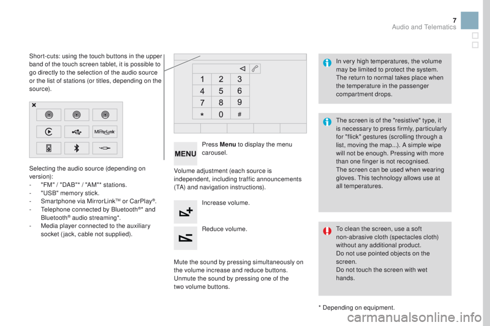 CITROEN DS3 2017 Handbook (in English) 7
Selecting the audio source (depending on
version):
-
"
FM" / "DAB"* / "AM"* stations.
-
"
USB" memory stick.
-
S
martphone via MirrorLink
TM or CarPlay®.
- T CITROEN DS3 2017 Handbook (in English) 7
Selecting the audio source (depending on
version):
-
"
FM" / "DAB"* / "AM"* stations.
-
"
USB" memory stick.
-
S
martphone via MirrorLink
TM or CarPlay®.
- T