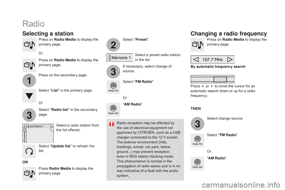 CITROEN DS3 CABRIO 2016 Handbook (in English) 3
2
3
3
1
Press on Radio Media to display the p
rimary pag e.
Press Radio Media
to display the
p
rimary
pag
e. Select "
Preset".
If necessary, select change CITROEN DS3 CABRIO 2016 Handbook (in English) 3
2
3
3
1
Press on Radio Media to display the p
rimary pag e.
Press Radio Media
to display the
p
rimary
pag
e. Select "
Preset".
If necessary, select change