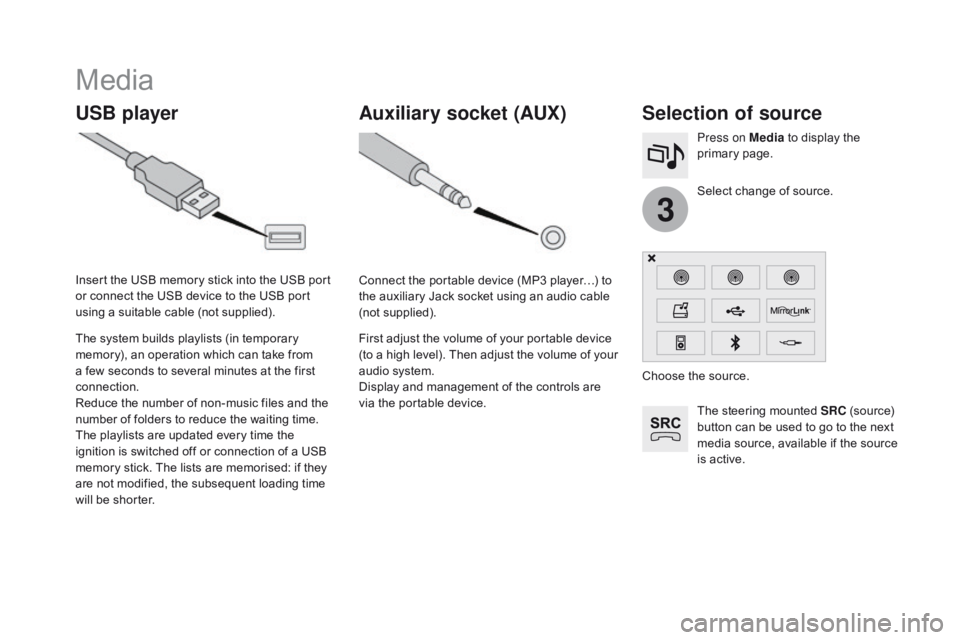 CITROEN DS3 CABRIO 2016 Handbook (in English) 3
Media
USB playerSelection of source
The steering mounted SRC (source) b
utton can be used to go to the next
m
edia source, available if the source CITROEN DS3 CABRIO 2016 Handbook (in English) 3
Media
USB playerSelection of source
The steering mounted SRC (source) b
utton can be used to go to the next
m
edia source, available if the source