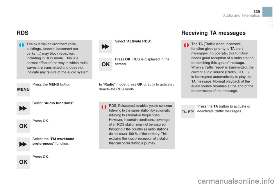 CITROEN DS3 CABRIO 2016 Handbook (in English) 339
RdS
The external environment (hills, b
uildings, tunnels, basement car
p
arks, ...) may block reception,
i
ncluding in RDS mode. This is a
n
or CITROEN DS3 CABRIO 2016 Handbook (in English) 339
RdS
The external environment (hills, b
uildings, tunnels, basement car
p
arks, ...) may block reception,
i
ncluding in RDS mode. This is a
n
or