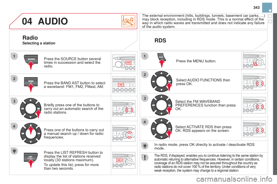 CITROEN DS3 CABRIO 2015 Handbook (in English) 04
343
AUdIO
Press the SoURCE button several
times in succession and select the
radio.
Press the
band
a
ST button to select
a
waveband: FM1, FM2, FMast,
AM.
Bri CITROEN DS3 CABRIO 2015 Handbook (in English) 04
343
AUdIO
Press the SoURCE button several
times in succession and select the
radio.
Press the
band
a
ST button to select
a
waveband: FM1, FM2, FMast,
AM.
Bri