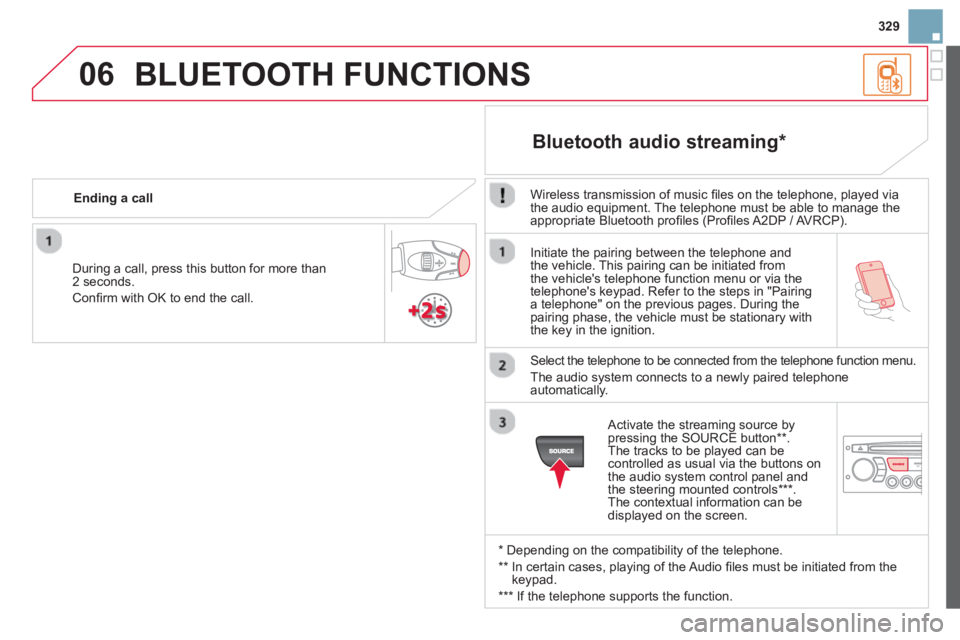 CITROEN DS3 CABRIO 2014 Handbook (in English) 329
06
Initiate the pairing between the telephone and
the vehicle. This pairing can be initiated from
the vehicles telephone function menu or via the
telephones keypad. Refer to the steps in "Pair CITROEN DS3 CABRIO 2014 Handbook (in English) 329
06
Initiate the pairing between the telephone and
the vehicle. This pairing can be initiated from
the vehicles telephone function menu or via the
telephones keypad. Refer to the steps in "Pair