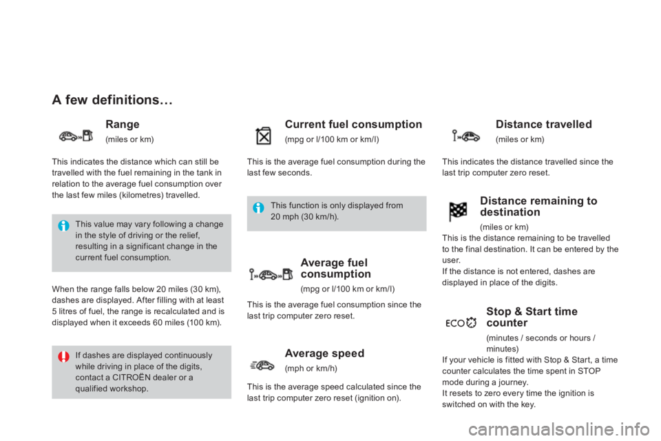 CITROEN DS3 CABRIO 2014  Handbook (in English) A few definitions… 
   
Range 
 (miles or km) 
Current fuel consumption
(mpg or l/100 km or km/l) 
Stop & Start timecounter 
 (minutes / seconds or hours / 
minutes) 
  This value may vary following