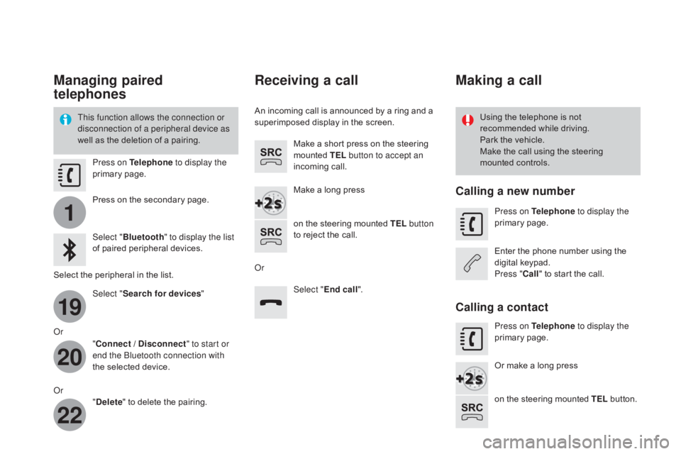 CITROEN DS3 CABRIO DAG 2016 Handbook (in English) 1
19
20
22
DS3_en_Chap11c_SMEGplus_ed01-2015
Managing paired
telephones
This function allows the connection or
disconnection of a peripheral device as
well as the deletion of a pai CITROEN DS3 CABRIO DAG 2016 Handbook (in English) 1
19
20
22
DS3_en_Chap11c_SMEGplus_ed01-2015
Managing paired
telephones
This function allows the connection or
disconnection of a peripheral device as
well as the deletion of a pai