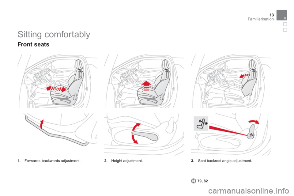 CITROEN DS3 CABRIO DAG 2014  Handbook (in English) 13Familiarisation
  Sitting comfortably 
3.Seat backrest angle adjustment.  
79
, 82
   
Front seats 
1. 
 Forwards-backwards adjustment.2. 
 Height adjustment.  