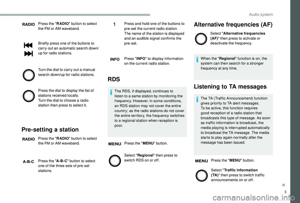 CITROEN RELAY 2019  Handbook (in English) 3
Press the "RADIO" button to select 
the FM or AM waveband.
Briefly press one of the buttons to 
carry out an automatic search down/
up for radio stations.
Turn the dial to carry out a
  manu