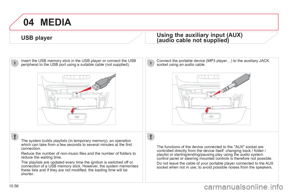 CITROEN RELAY 2015  Handbook (in English) 04
10.56
 MEDIA 
USB player 
  Insert the USB memory stick in the USB player or connect the USB peripheral to the USB port using a suitable cable (not supplied)  .
  The system builds playlists (in te