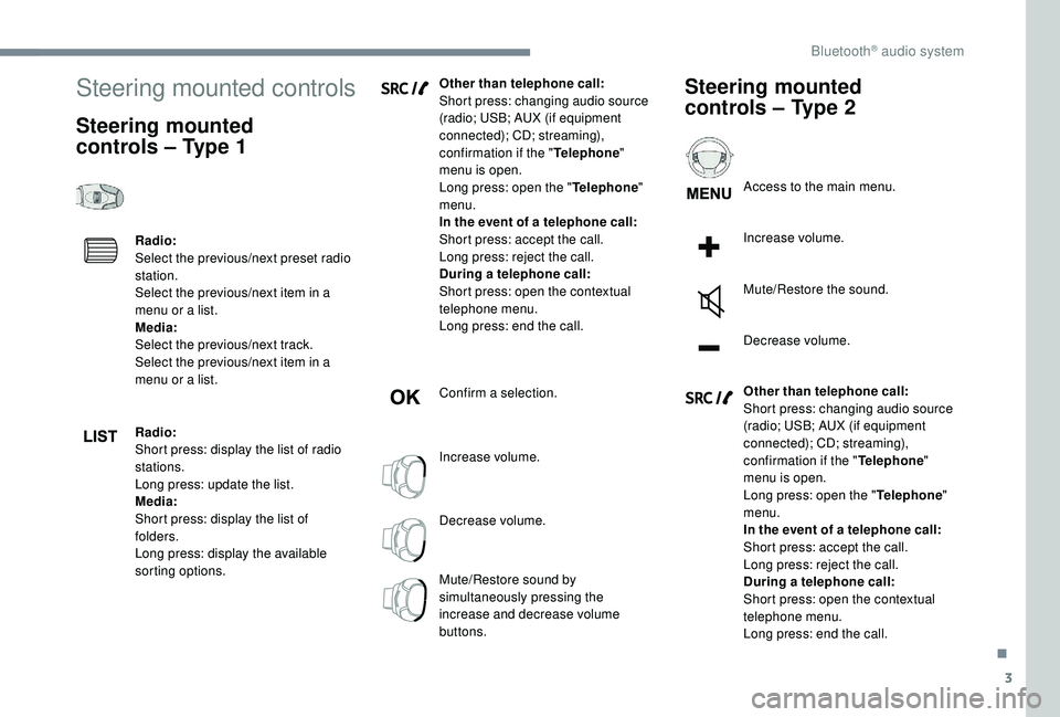 CITROEN DISPATCH SPACETOURER 2018 Handbook (in English) 3
Steering mounted controls
Steering mounted
controls – Type 1
Radio:
Select the previous/next preset radio
station.
Select the previous/next item in a
menu or a list.
Media:
Select the previous CITROEN DISPATCH SPACETOURER 2018 Handbook (in English) 3
Steering mounted controls
Steering mounted
controls – Type 1
Radio:
Select the previous/next preset radio
station.
Select the previous/next item in a
menu or a list.
Media:
Select the previous