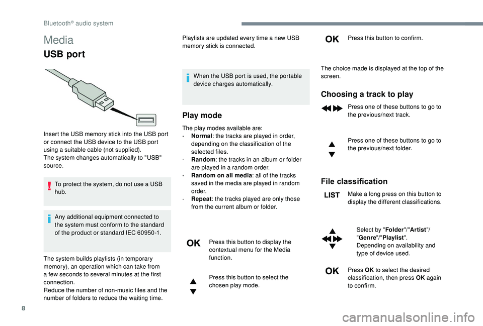 CITROEN DISPATCH SPACETOURER 2018 Handbook (in English) 8
Media
USB port
To protect the system, do not use a USB
hub.
Any additional equipment connected to
the system must conform to the standard
of the product or standard IEC 60950 -1.Playlists are upd CITROEN DISPATCH SPACETOURER 2018 Handbook (in English) 8
Media
USB port
To protect the system, do not use a USB
hub.
Any additional equipment connected to
the system must conform to the standard
of the product or standard IEC 60950 -1.Playlists are upd