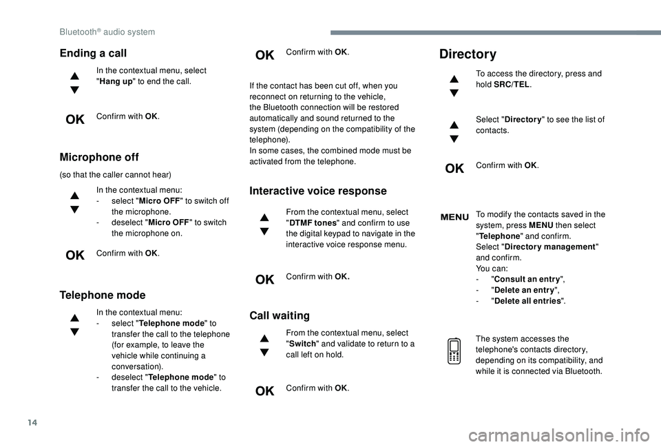 CITROEN DISPATCH SPACETOURER 2018 Handbook (in English) 14
Ending a call
In the contextual menu, select
"Hang up " to end the call.
Confirm with OK.
Microphone off
(so that the caller cannot hear) In the contextual menu:
-
s
elect "Micro OF CITROEN DISPATCH SPACETOURER 2018 Handbook (in English) 14
Ending a call
In the contextual menu, select
"Hang up " to end the call.
Confirm with OK.
Microphone off
(so that the caller cannot hear) In the contextual menu:
-
s
elect "Micro OF