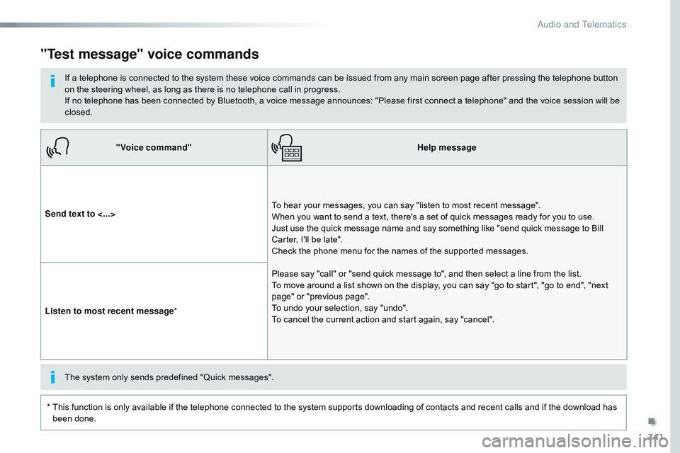 CITROEN DISPATCH SPACETOURER 2017  Handbook (in English) 341
"Voice command"Help message
Send text to <...> To hear your messages, you can say "listen to most recent message".  
When you want to send a text, there's a set of quick messag