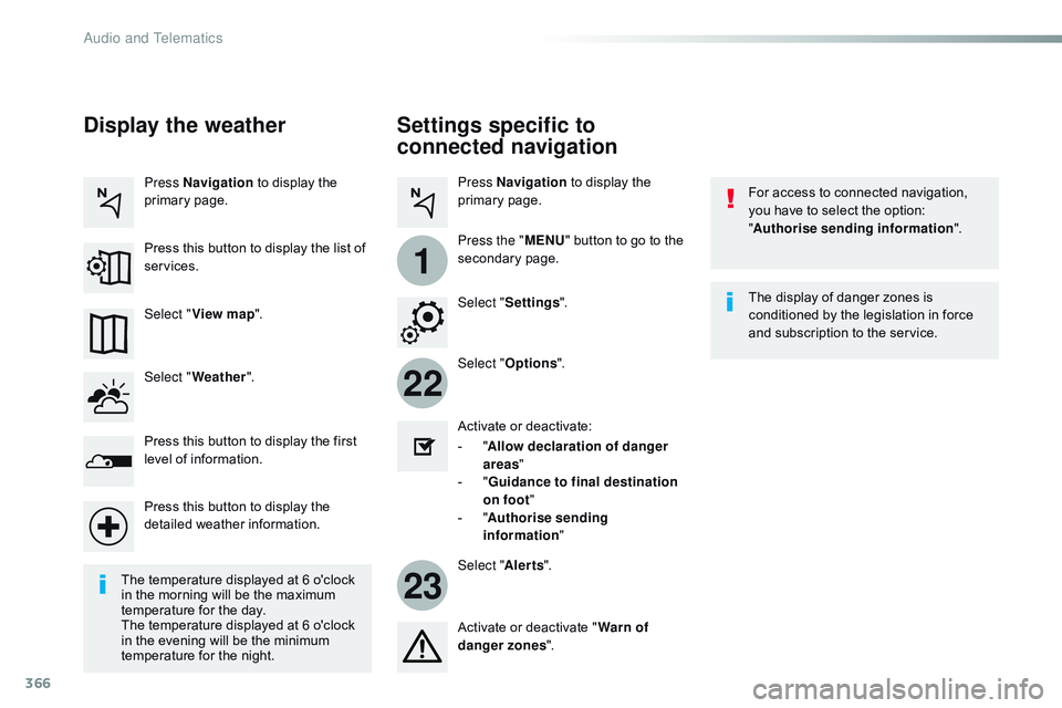 CITROEN DISPATCH SPACETOURER 2017 Handbook (in English) 366
22
23
1
Settings specific to
connected navigation
For access to connected navigation,
you have to select the option:
"Authorise sending information ".
Select " Options ".
Select CITROEN DISPATCH SPACETOURER 2017 Handbook (in English) 366
22
23
1
Settings specific to
connected navigation
For access to connected navigation,
you have to select the option:
"Authorise sending information ".
Select " Options ".
Select