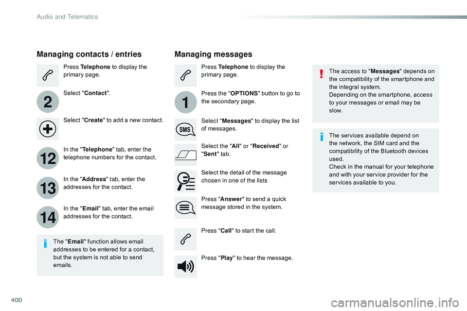 CITROEN DISPATCH SPACETOURER 2017 Handbook (in English) 400
2
12
13
14
1
The access to "Messages" depends on
the compatibility of the smartphone and
the integral system.
Depending on the smartphone, access
to your messages or email may be
slow. CITROEN DISPATCH SPACETOURER 2017 Handbook (in English) 400
2
12
13
14
1
The access to "Messages" depends on
the compatibility of the smartphone and
the integral system.
Depending on the smartphone, access
to your messages or email may be
slow.