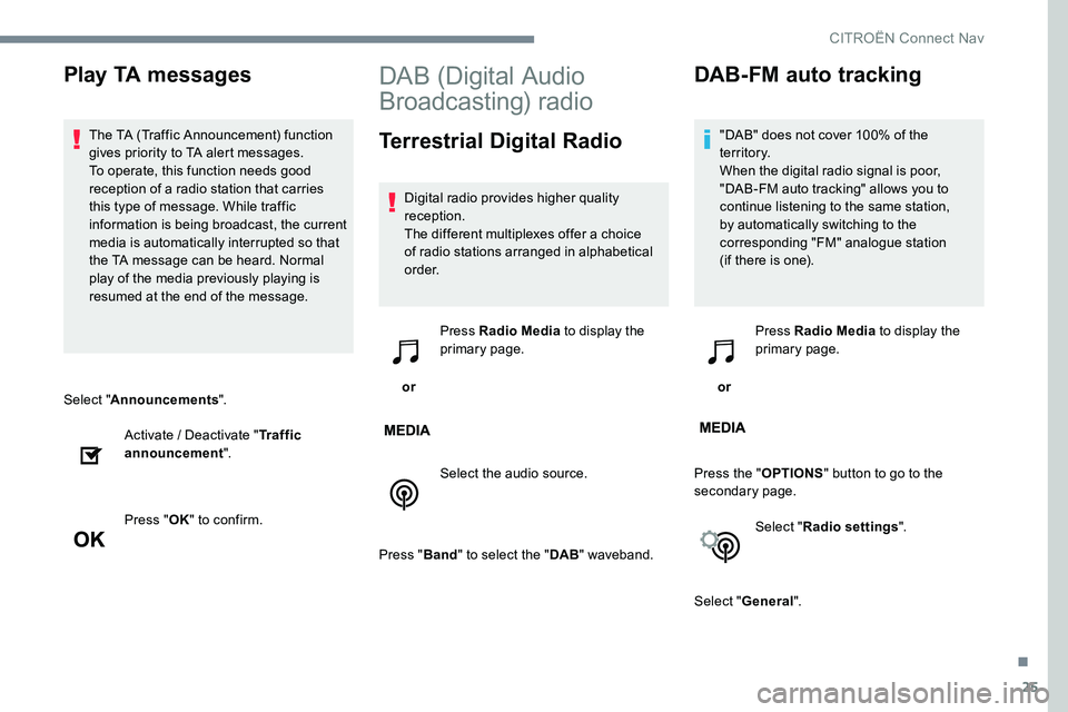 CITROEN DISPATCH SPACETOURER 2017  Handbook (in English) 25
Select "Announcements ".
Activate / Deactivate " Traffic 
announcement ".
Press " OK" to confirm.
DAB (Digital Audio 
Broadcasting) radio
Terrestrial Digital Radio
Digital r