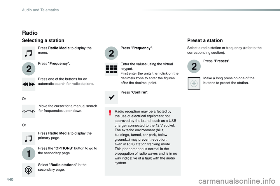 CITROEN DISPATCH SPACETOURER DAG 2017 Handbook (in English) 440
1
2
2
2
Spacetourer-VP_en_Chap10c_RCC-1_ed01-2016
Press Radio Media to display the
menu.
Press the " OPTIONS" button to go to
the secondary page. Press " Frequency ". Press " CITROEN DISPATCH SPACETOURER DAG 2017 Handbook (in English) 440
1
2
2
2
Spacetourer-VP_en_Chap10c_RCC-1_ed01-2016
Press Radio Media to display the
menu.
Press the " OPTIONS" button to go to
the secondary page. Press " Frequency ". Press "