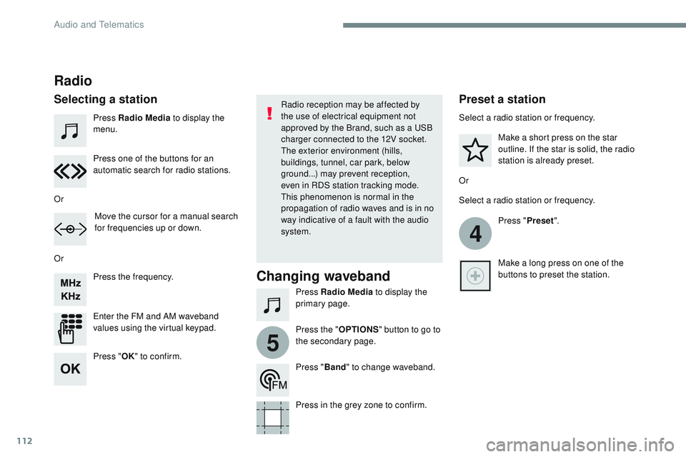 CITROEN DISPATCH SPACETOURER DAG 2017 Handbook (in English) 112
4
5
Transversal-Citroen_en_Chap02_RCC-2-2-0_ed01-2016
Press Radio Media to display the
menu.
Press Radio Media to display the
primary page.
Press the frequency.
Enter the FM and AM waveband
val CITROEN DISPATCH SPACETOURER DAG 2017 Handbook (in English) 112
4
5
Transversal-Citroen_en_Chap02_RCC-2-2-0_ed01-2016
Press Radio Media to display the
menu.
Press Radio Media to display the
primary page.
Press the frequency.
Enter the FM and AM waveband
val