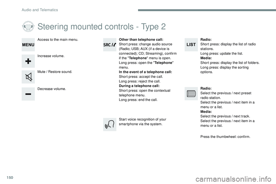 CITROEN DISPATCH SPACETOURER DAG 2017 Handbook (in English) 150
Steering mounted controls - Type 2
Decrease volume. Mute / Restore sound.Other than telephone call
:
Short press: change audio source
(Radio; USB; AUX (if a device is
connected); CD; Streaming), CITROEN DISPATCH SPACETOURER DAG 2017 Handbook (in English) 150
Steering mounted controls - Type 2
Decrease volume. Mute / Restore sound.Other than telephone call
:
Short press: change audio source
(Radio; USB; AUX (if a device is
connected); CD; Streaming),