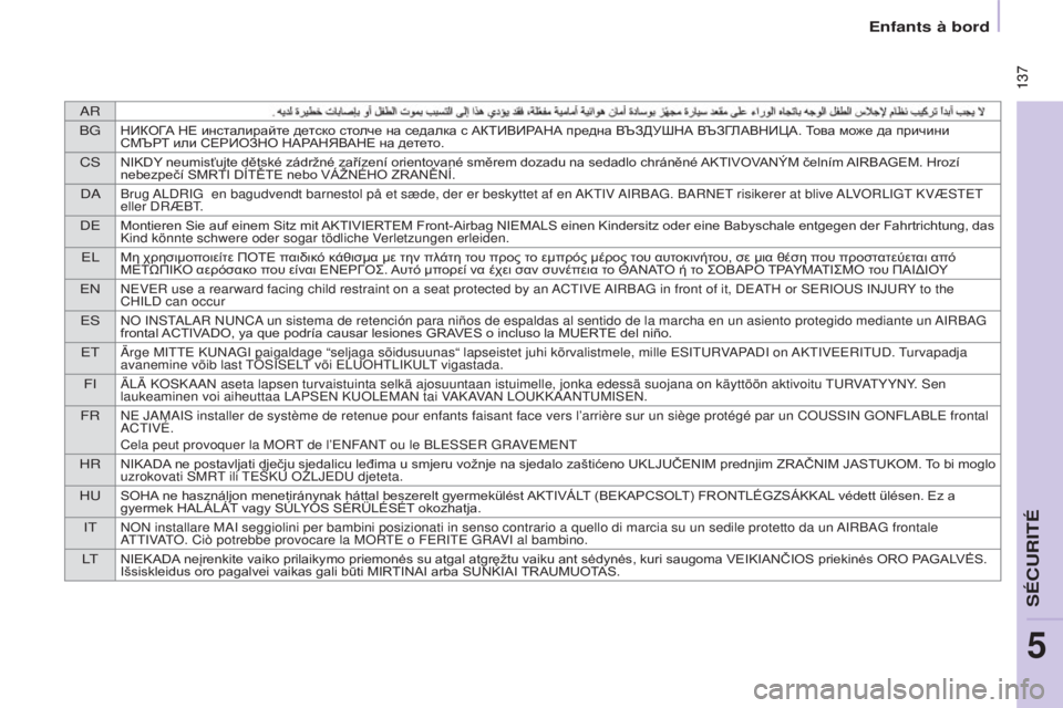 CITROEN BERLINGO MULTISPACE 2017 Notices Demploi (in French) AR
BG
НИКОГА НЕ инсталирайте детско столче на седалка с АКТИВИРАНА предна ВЪЗДУШНА ВЪЗГЛАВНИЦА. Това може да пр CITROEN BERLINGO MULTISPACE 2017 Notices Demploi (in French) AR
BG
НИКОГА НЕ инсталирайте детско столче на седалка с АКТИВИРАНА предна ВЪЗДУШНА ВЪЗГЛАВНИЦА. Това може да пр