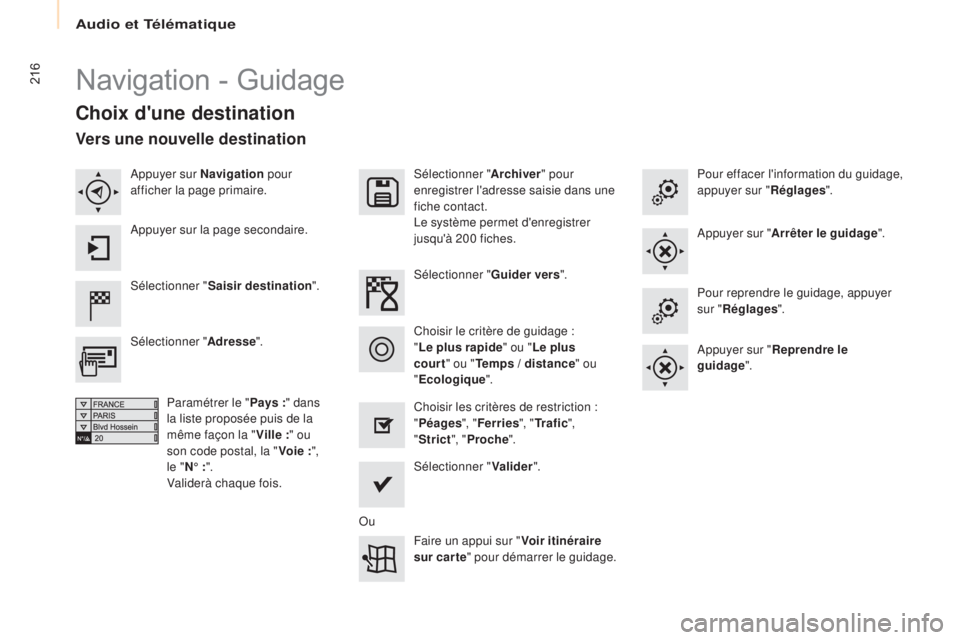 CITROEN BERLINGO MULTISPACE 2017  Notices Demploi (in French) 216Navigation - Guidage
Choix d'une destination
Sélectionner "Saisir destination ".Sélectionner "
Archiver" pour 
enregistrer l'adresse saisie dans une 
fiche contact.
Le sys